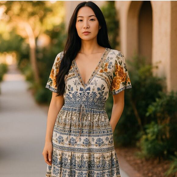 Farm Rio Blue Floral Tapestry Tie Waist Short White Sleeve Dress - Picture 1 of 10